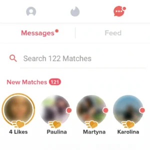 121 nowych dopasowań na Tinder po profesjonalnej sesji zdjęciowej — screenshot z telefonu klienta