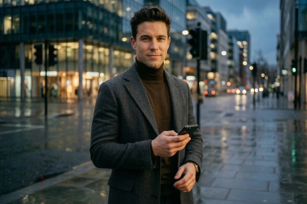 Pewny siebie mężczyzna w eleganckim płaszczu trzymający smartfon na tle miasta – dowiedz się, jak pokonać brak par na Tinderze i zbudować profil premium.