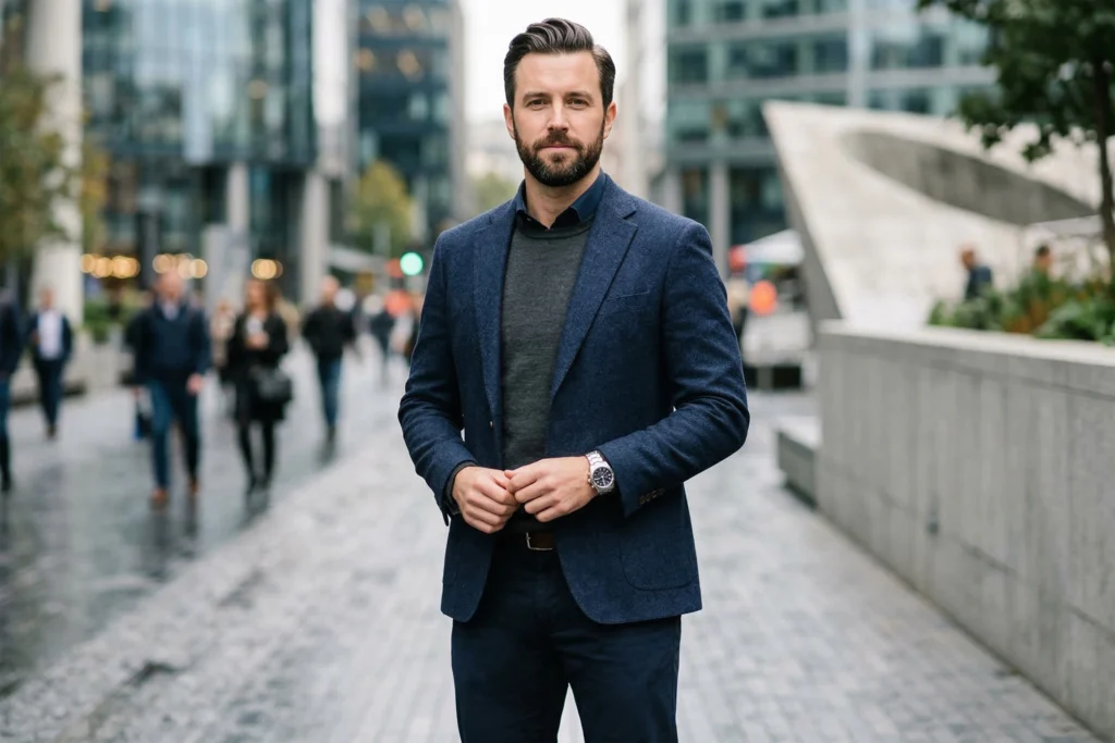 Pewny siebie mężczyzna w stylu smart casual na tle nowoczesnego miasta – profesjonalne zdjęcia na Tindera, które budują zaufanie i zwiększają dopasowania.