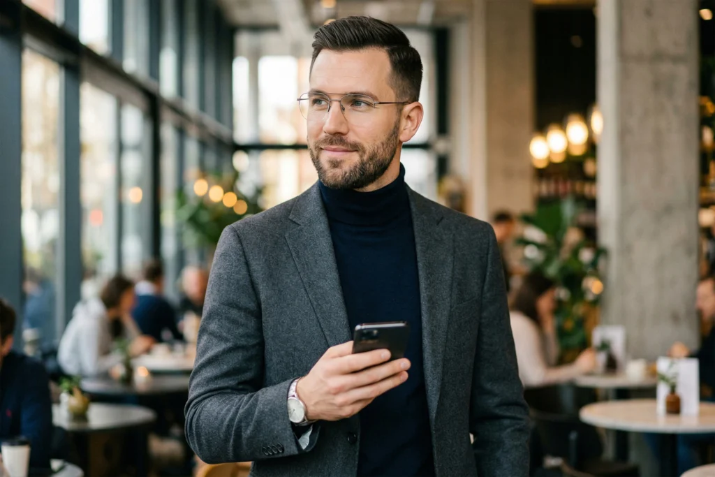 Pewny siebie mężczyzna z telefonem w eleganckim wnętrzu – sprawdź, co oznaczają typy osobowości Tinder, MBTI oraz skróty FWB i ONS.